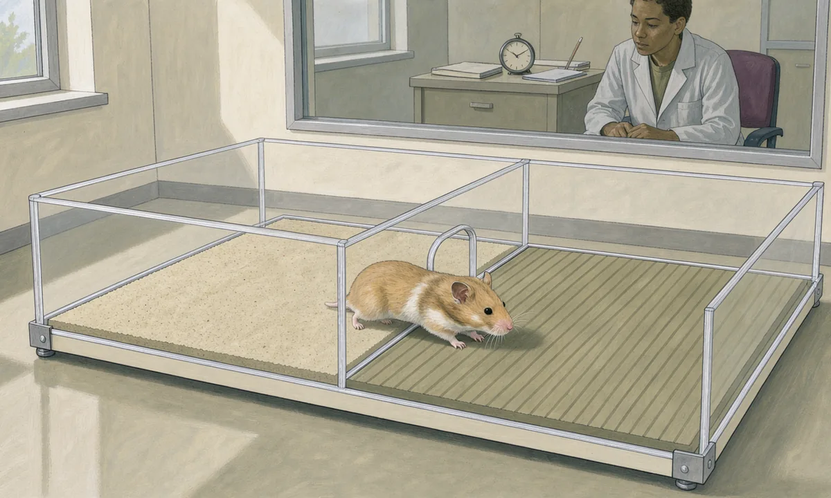 A hamster moving through a divided observation enclosure beside a viewing window