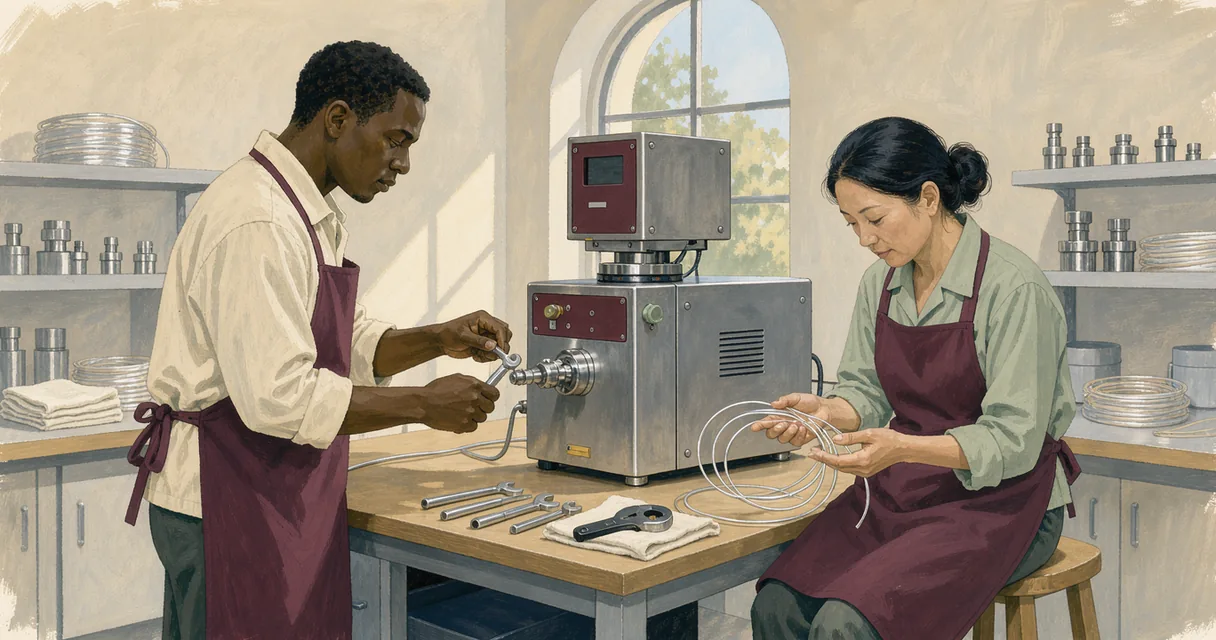 Two laboratory technicians examining fittings and tubing beside an analytical instrument