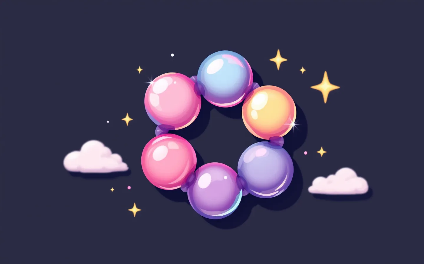 A glossy kawaii candy-pop emblem of a friendly abstract seven-bead cyclic peptide ring in taro-purple and pink with a mint accent, resting on a soft pastel cloud, on a deep cosmic-grape ground