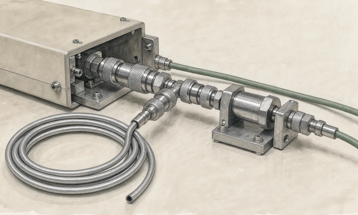 Stainless analytical instrument fittings with coiled tubing on a pale work surface