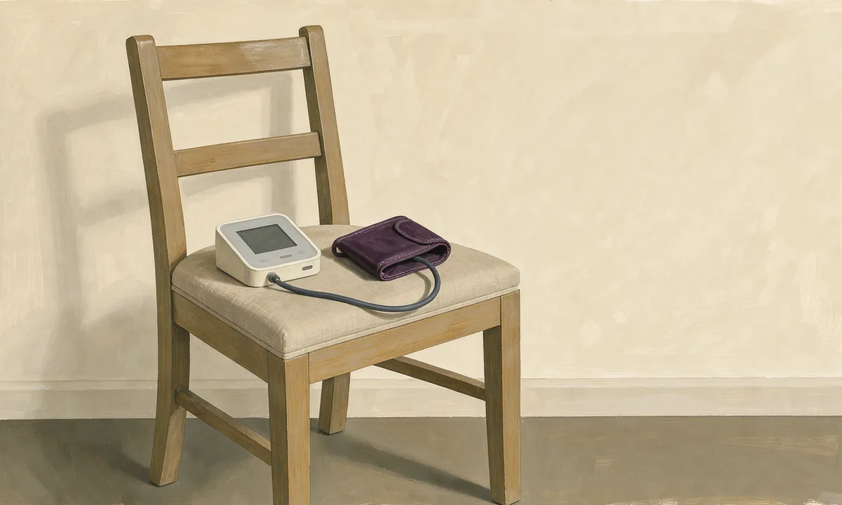A blood-pressure cuff and portable monitor resting on the seat of an empty wooden chair